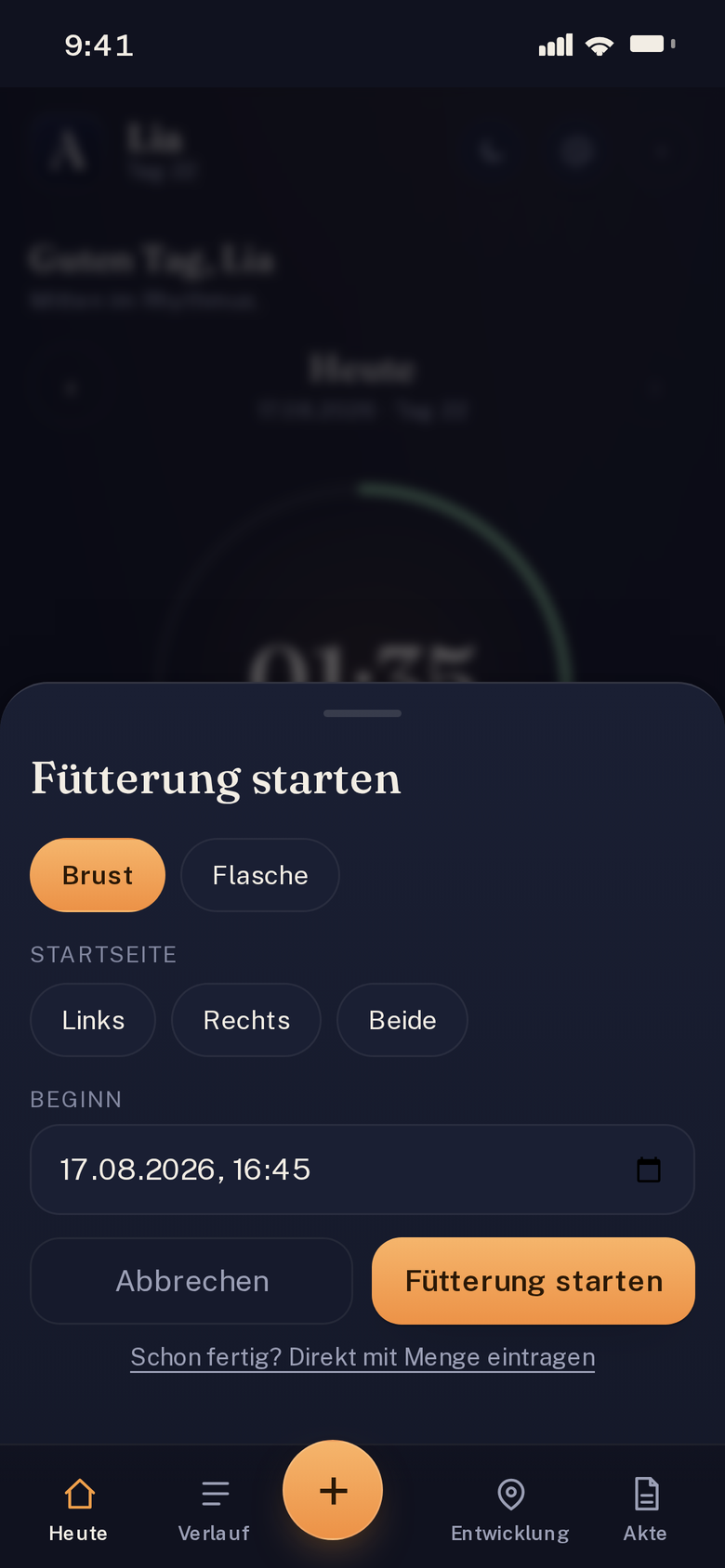 Aurelia Eintrag: eine Mahlzeit starten, Brust oder Flasche, mit Seite und Beginn