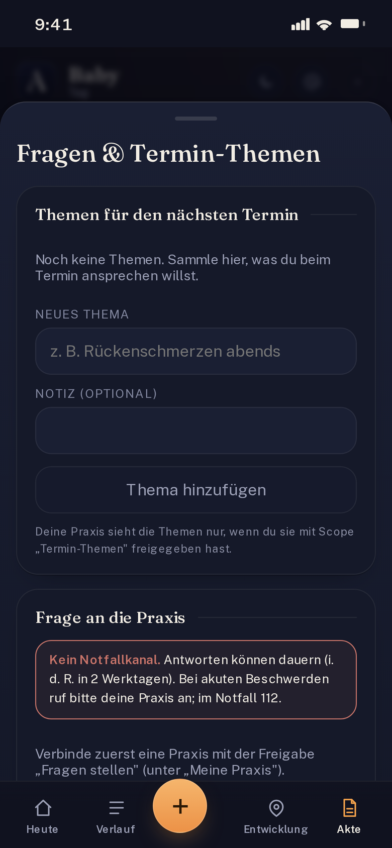 Vorschau der Praxis-Anbindung: ein ruhiger Frage-und-Termin-Kanal mit der eigenen Praxis, mit einem deutlichen Hinweis, dass dies kein Notfallkanal ist