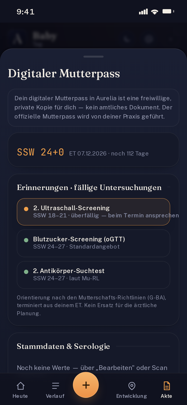 Vorschau des digitalen Mutterpasses: Stammdaten und Serologie mit Herkunfts-Kennzeichnung von dir, gescannt oder von der Praxis, dazu Gravidogramm und Ultraschall-Werte