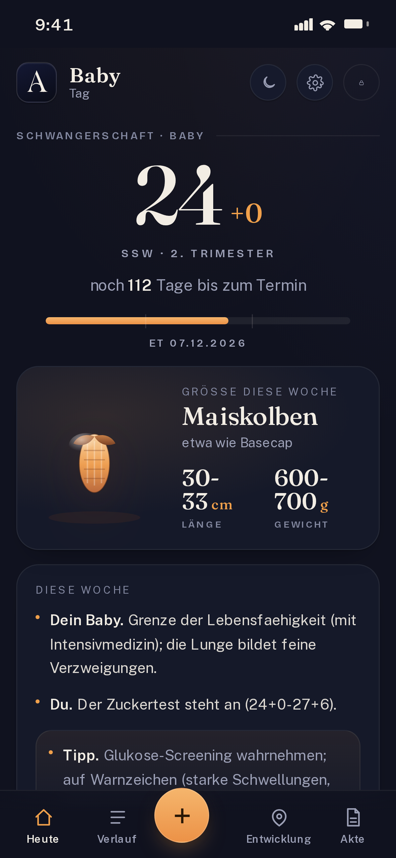 Die Schwangerschafts-Ansicht: Schwangerschaftswoche 24, noch 112 Tage, das Baby ist etwa so groß wie ein Maiskolben, mit einem ruhigen Wochenüberblick
