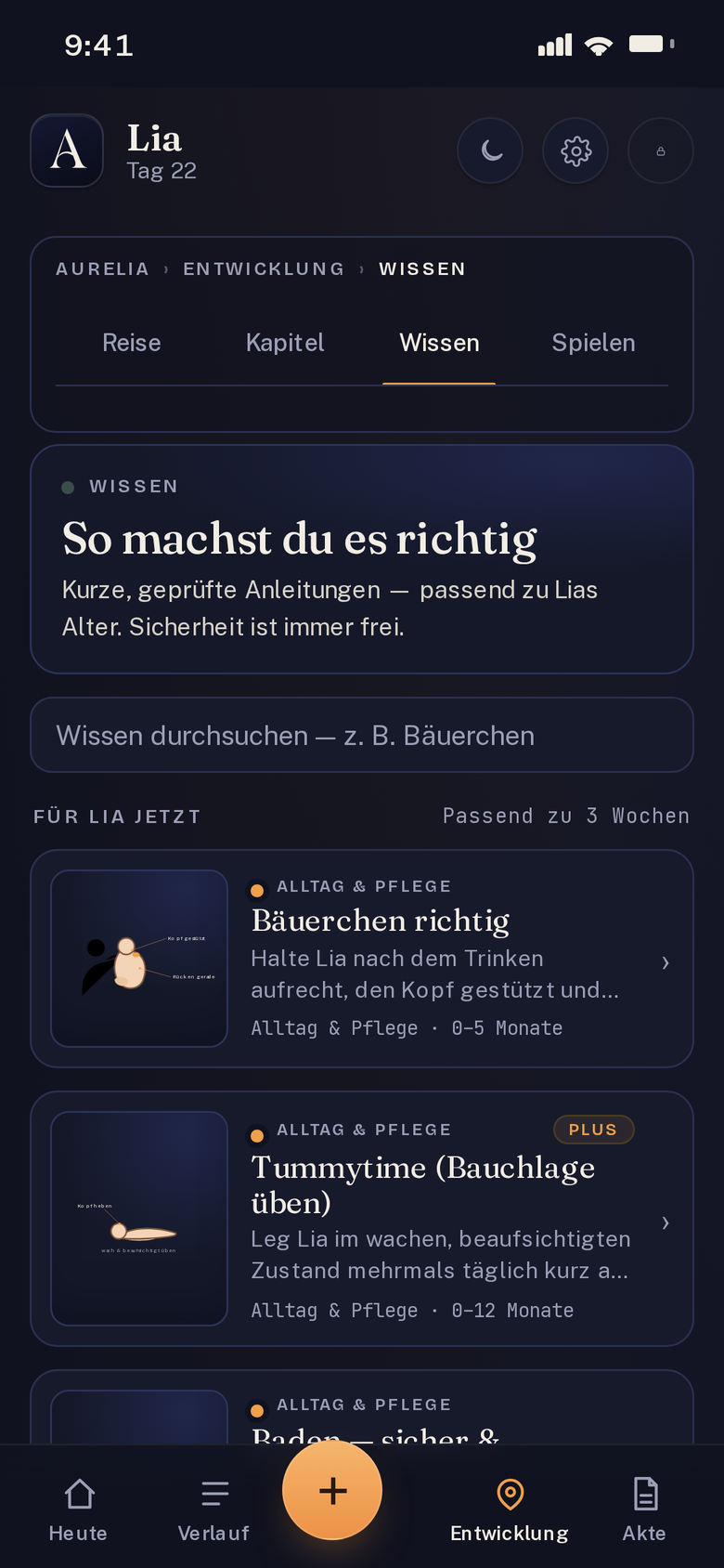 Aurelia Wissen und Ratgeber: kurze, geprüfte Anleitungen passend zum Alter des Kindes, mit einem immer frei zugänglichen Bereich für Sicherheit und Notfall